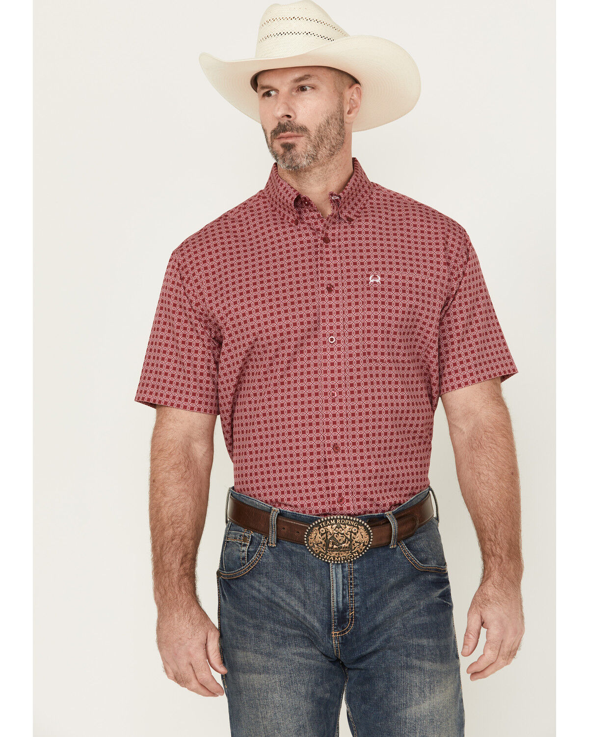 Image #1 - Cinch Men's Geo Print Short Sleeve Button-Down Performance Western Shirt, Pink, hi-res