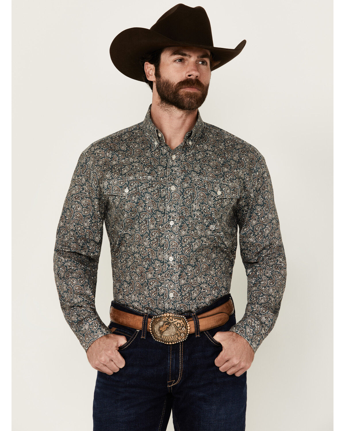 Image #1 - Roper Men's Amarillo Paisley Print Long Sleeve Button-Down Western Shirt, Brown, hi-res