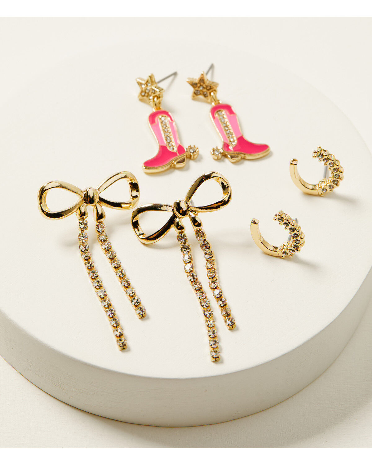 Image #1 - Shyanne Women's 14K Gold Boot Bow Earring Set - 3 Piece, Gold, hi-res