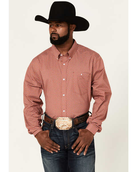 RANK 45 Men's Mash Up Floral Geo Print Long Sleeve Button Down Western Shirt , Medium Red, hi-res