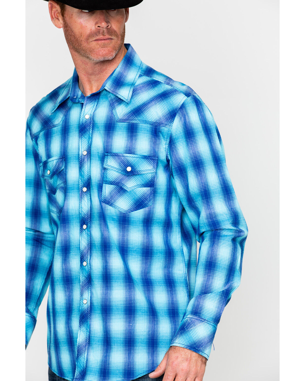 Image #5 - Rock & Roll Denim Men's Crinkle Washed Yarn Dye Plaid Long Sleeve Western Shirt, Blue, hi-res