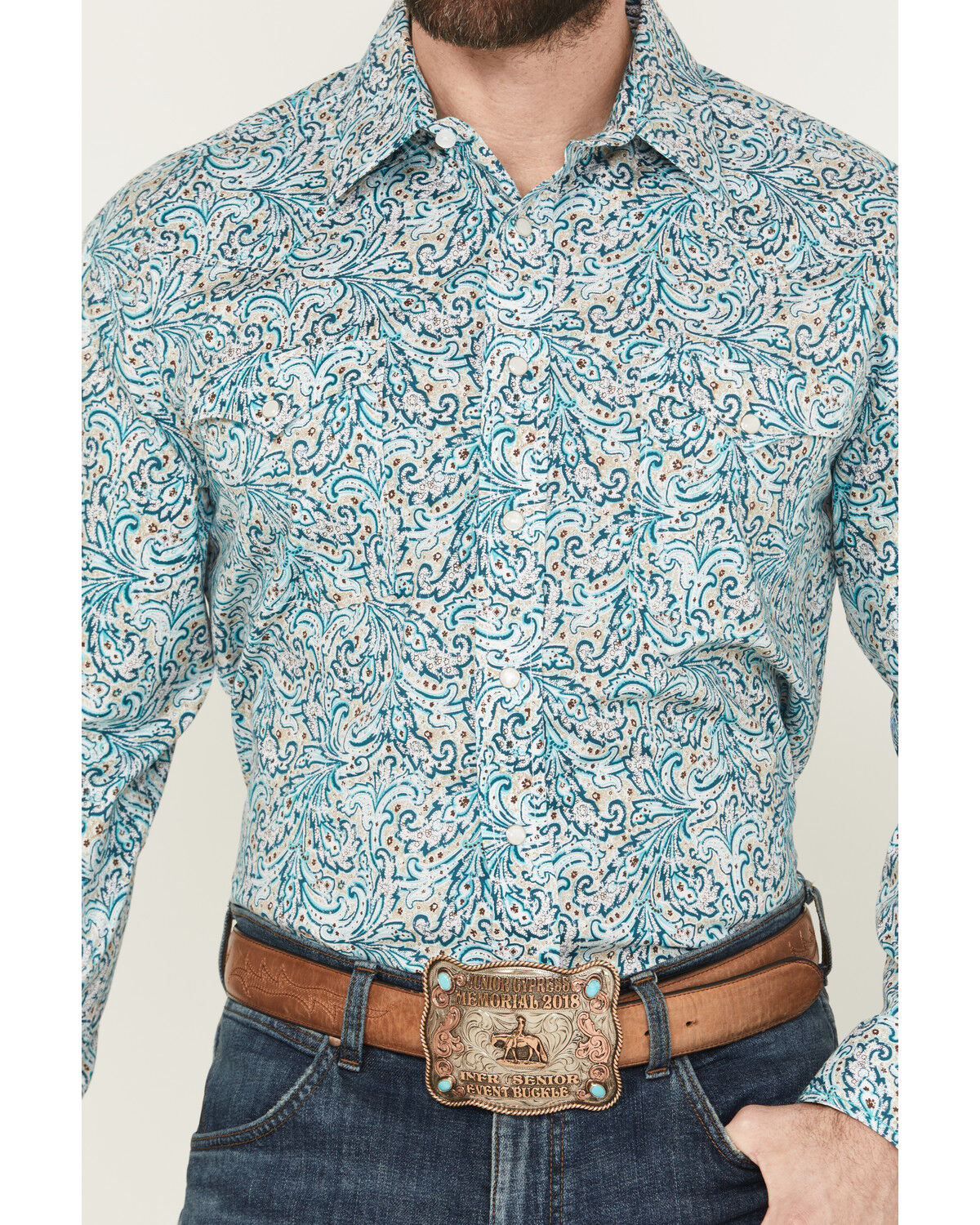 Image #3 - Panhandle Men's Paisley Print Long Sleeved Pearl Snap Western Shirt, Turquoise, hi-res