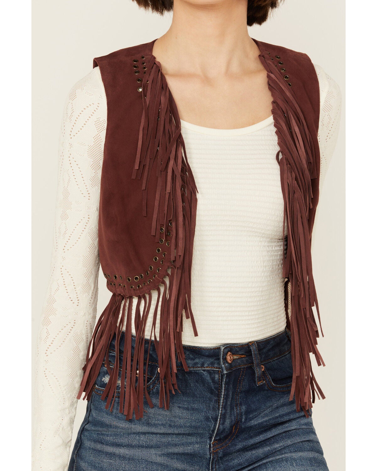 Image #3 - Shyanne Women's Short Fringe and Eyelet Suede Vest, Brown, hi-res