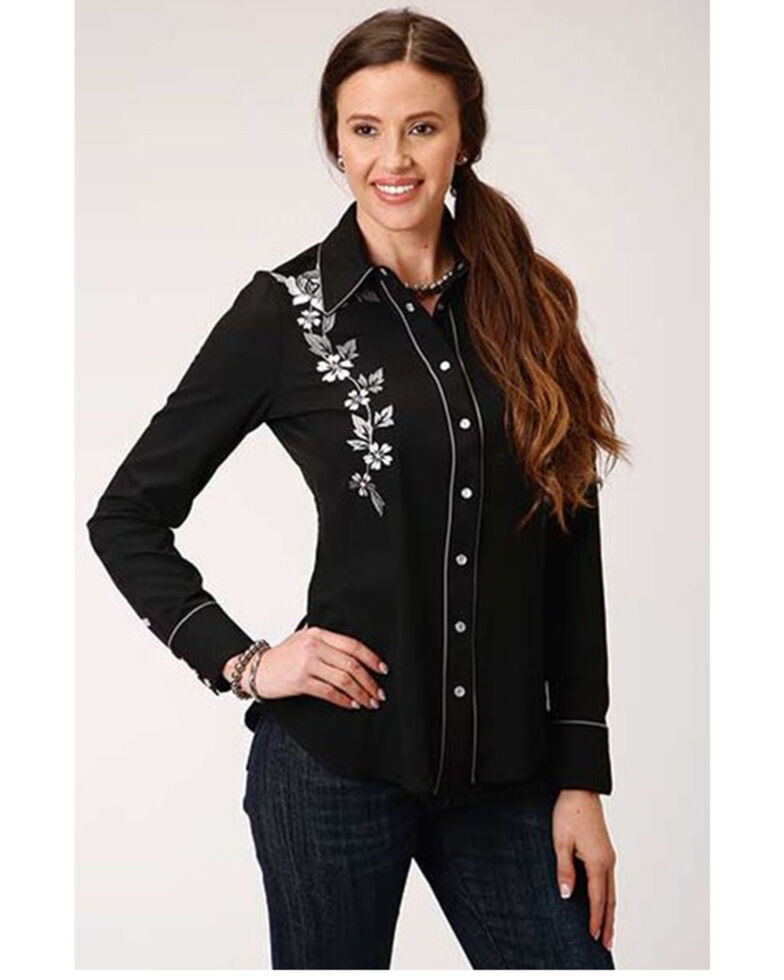 Old West Women's Black Floral Horseshoe Long Sleeve Western Shirt  , Black, hi-res