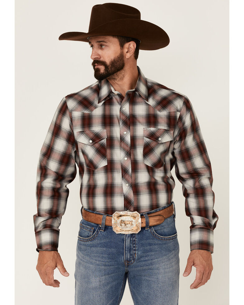 Roper Men's Wine Plaid Long Sleeve Snap Western Shirt , Maroon, hi-res