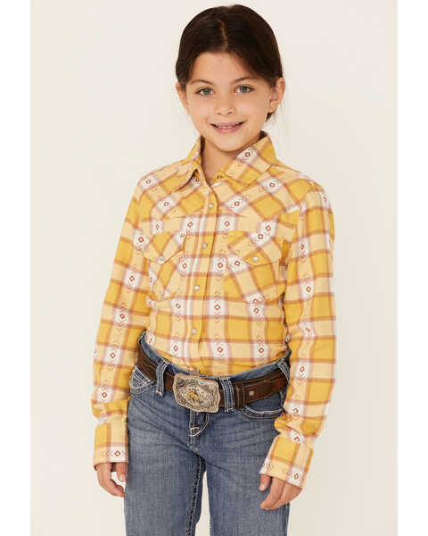 RANK 45 Girls' Southwestern Plaid Print Long Sleeve Snap Western Shirt , Yellow, hi-res