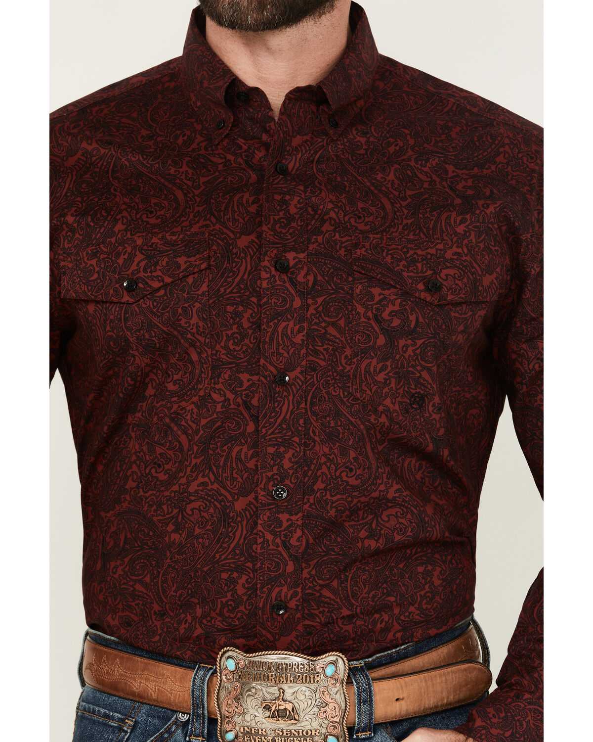 Image #3 - Roper Men's Amarillo Paisley Print Long Sleeve Button-Down Western Shirt, Wine, hi-res