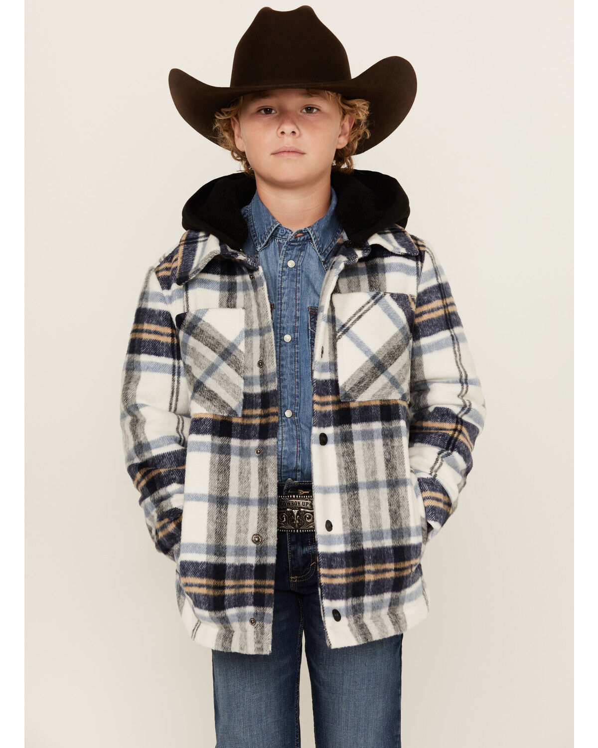 Image #1 - Urban Republic Boys' Plaid Print Sherpa Lined Hooded Shirt Jacket, White, hi-res