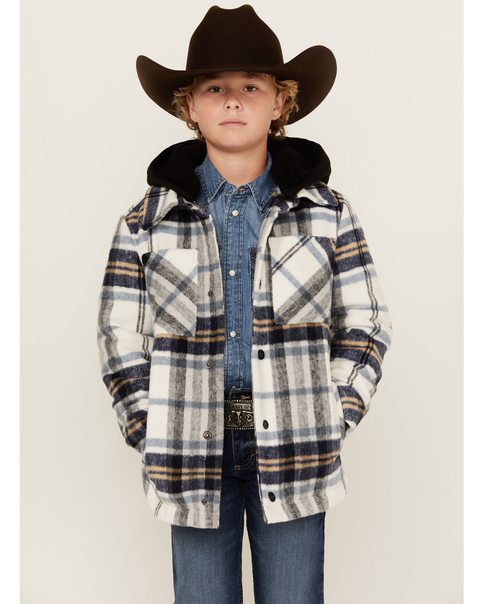 Urban Republic Boys Plaid Print Sherpa Lined Hooded Shirt Jacket