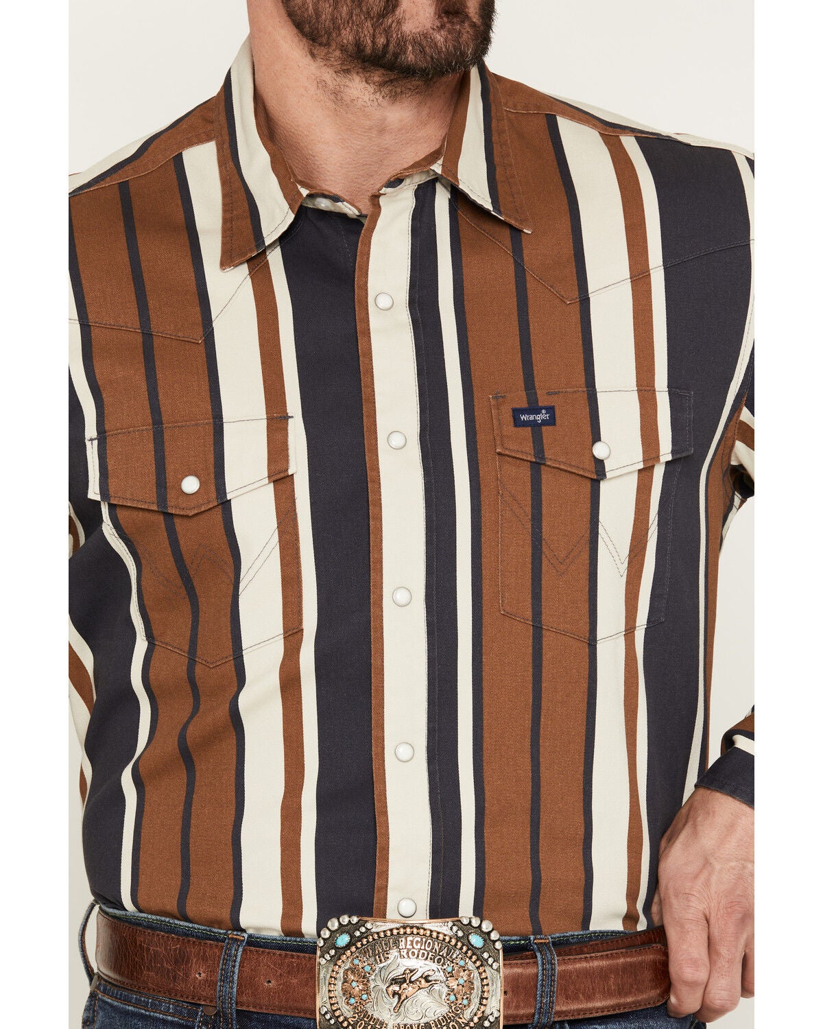 Image #3 - Wrangler Men's Vintage Brushpopper Striped Print Long Sleeve Snap Western Shirt, Brown, hi-res