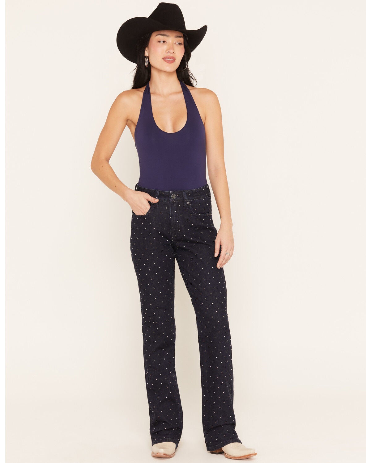Rock & Roll Denim Women's Dark Wash High Rise Micro Studded Straight Stretch Denim Jeans, Dark Wash, hi-res