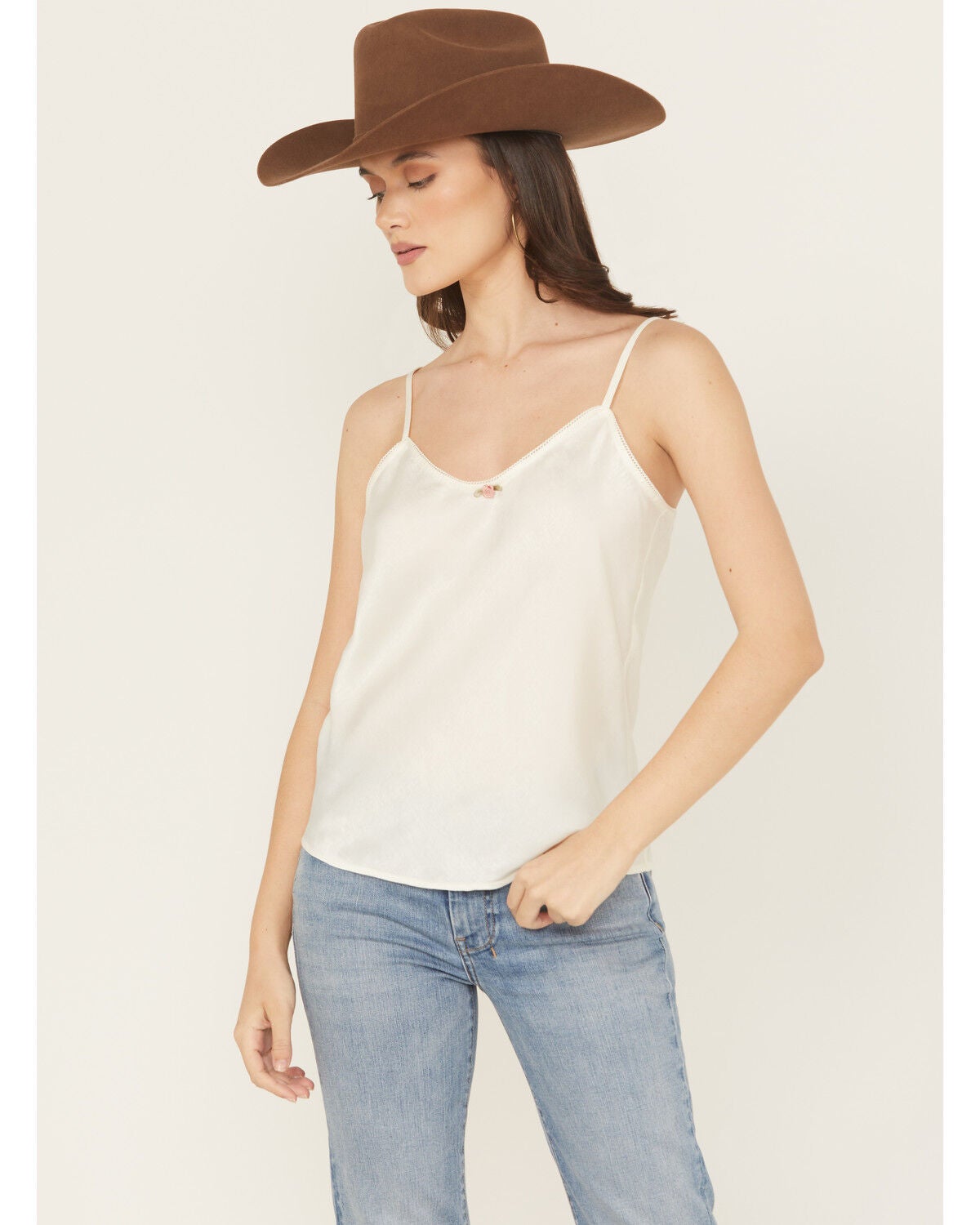 Originality Women's Solid Sleeveless Satin Cami, Ivory, hi-res