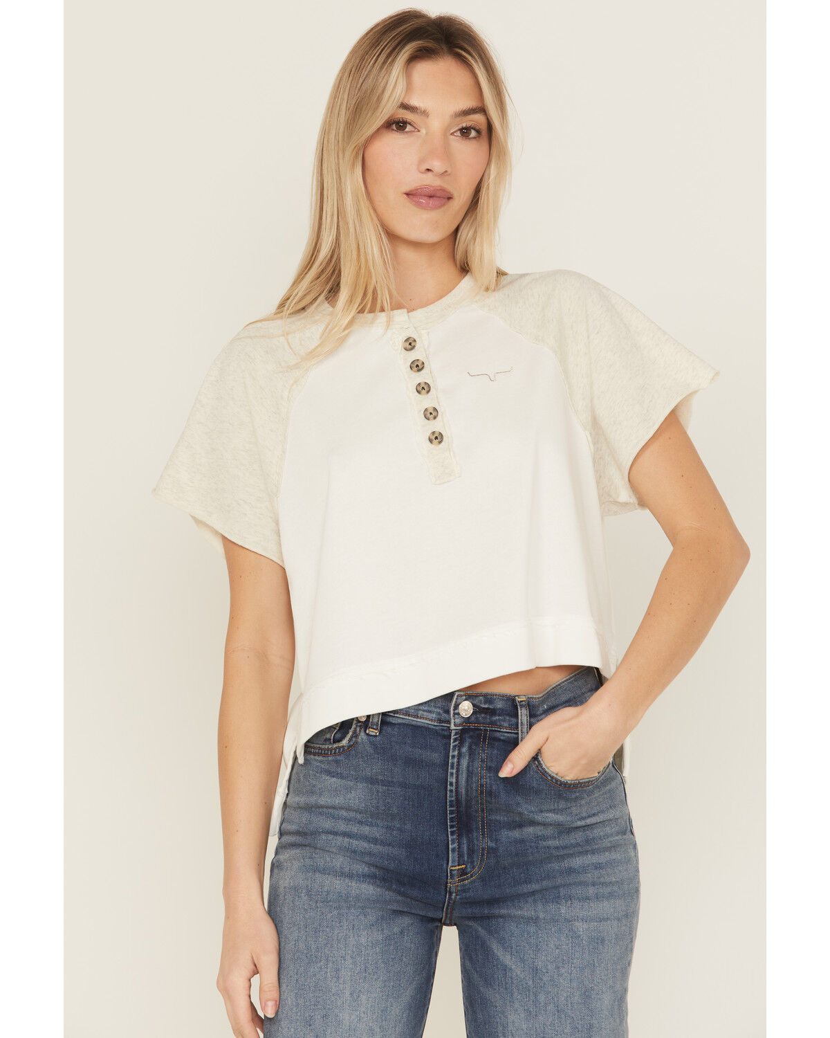 Image #1 - Kimes Ranch Women's Colorblock Short Sleeve Henley Tee, White, hi-res
