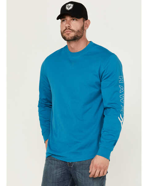 Hawx Men's Long Sleeve Knit Solid Logo Long Sleeve Work T-Shirt - Tall , Teal, hi-res