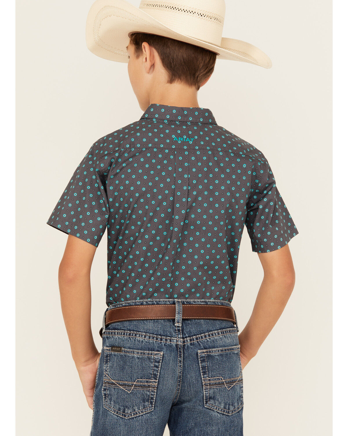 Image #4 - Ariat Boys' Geo Print Short Sleeve Button-Down Western Shirt, Grey, hi-res