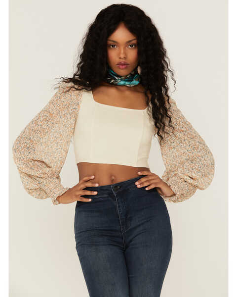 Image #1 - Lush Women's Long Sleeve Chiffon Floral Corset Top, Taupe, hi-res