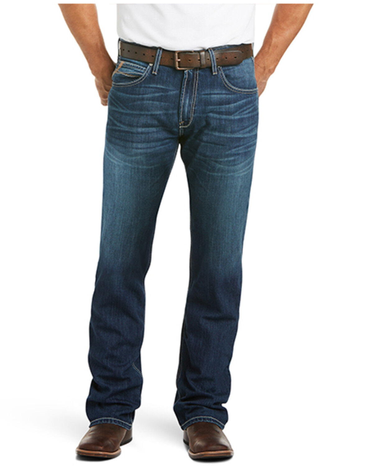 Image #2 - Ariat Men's M4 Ford Bragg Dark Stretch Relaxed Bootcut Jeans, Blue, hi-res