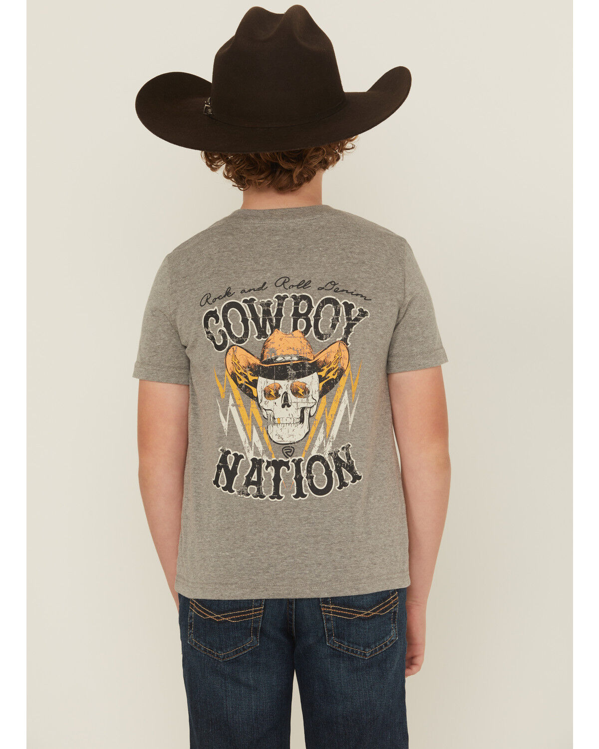 Image #1 - Rock & Roll Denim Boys' Cowboy Skull Short Sleeve Graphic T-Shirt, Grey, hi-res