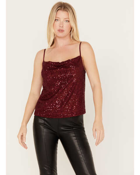 By Together Women's Sequin Cowl Neck Tank, Burgundy, hi-res