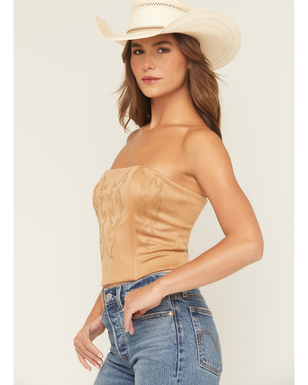 Image #2 - Originality Women's Faux Suede Boot Stitch Strapless Corset, Camel, hi-res
