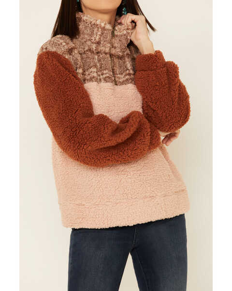 Image #3 - Hem & Thread Women's Plaid Colorblock Sherpa 1/4 Zip Pullover, Multi, hi-res
