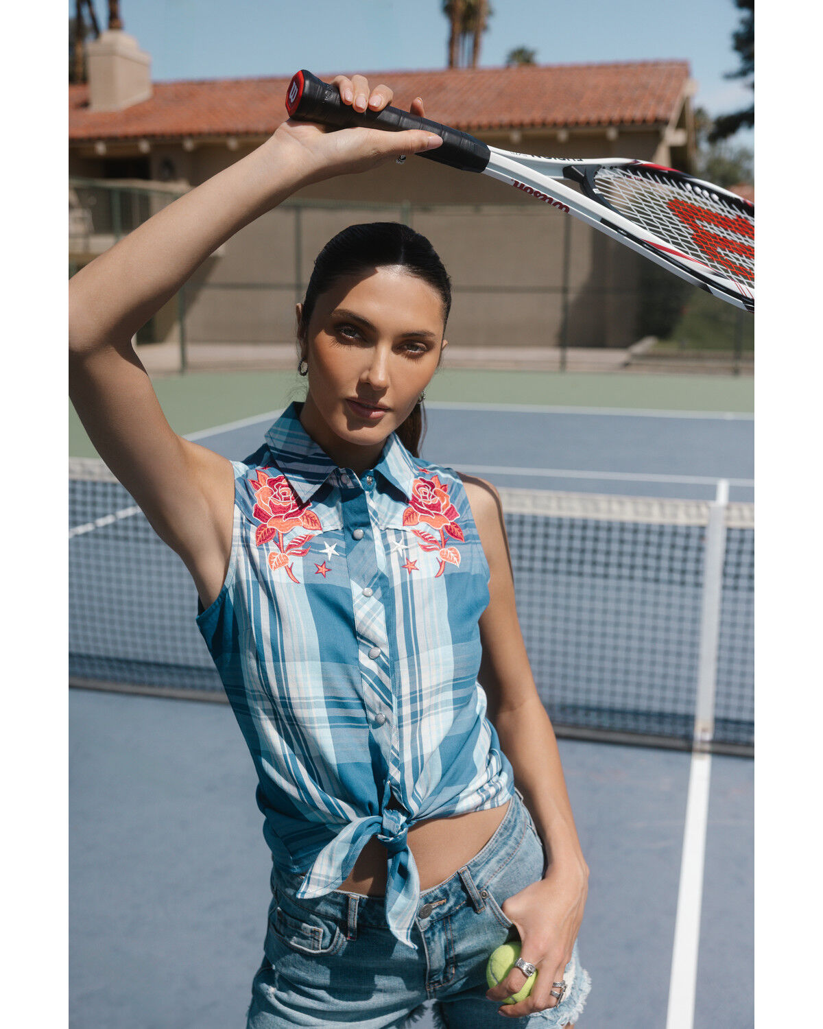 Image #1 - Idyllwind Women's Plaid Print Embroidered Front Sleeveless Snap Western Shirt, Blue, hi-res
