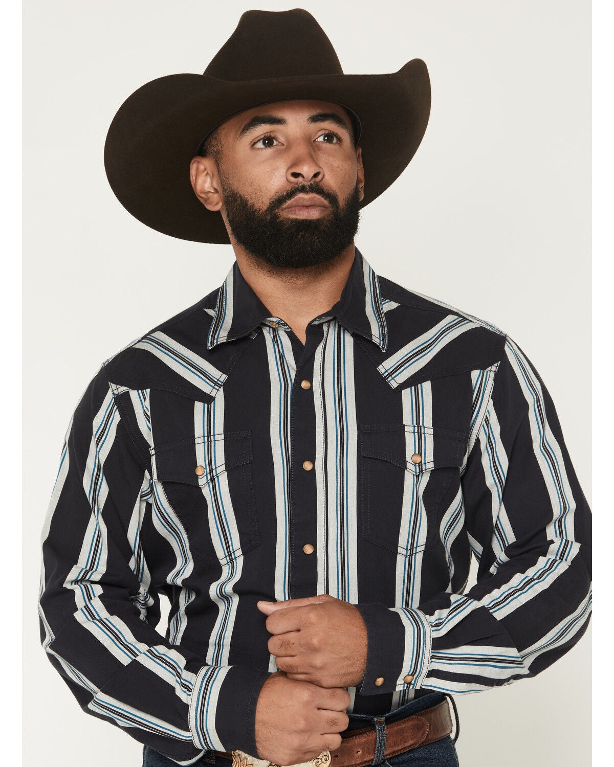 Wrangler Men's Boot Barn Exclusive Retro Stripe Print Long Sleeve Snap Western Shirt, Navy, hi-res