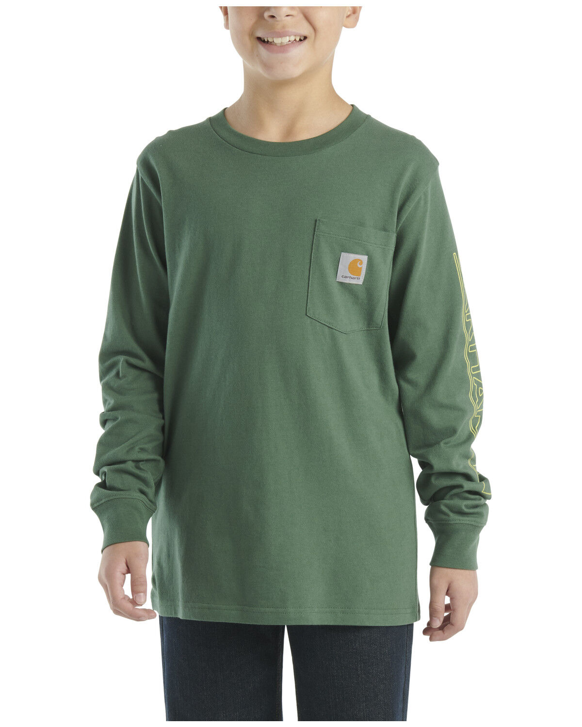 Image #1 - Carhartt Boys' Solid Logo Long Sleeve Pocket T-Shirt, Green, hi-res