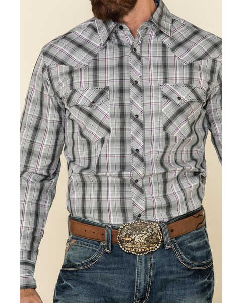 Wrangler Men's Fashion Snap Med Gray Plaid Long Sleeve Western Shirt , Grey, hi-res
