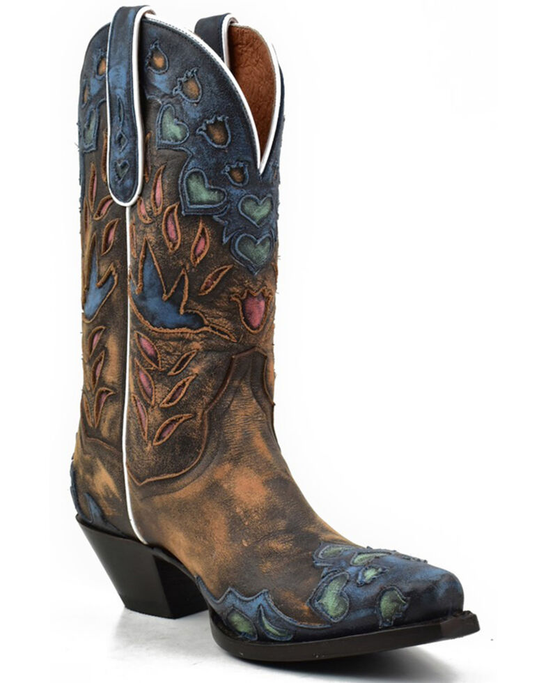 Dan Post Women's Humming Bird Heart and Floral Inlay Western Boots - Snip Toe , Orange, hi-res