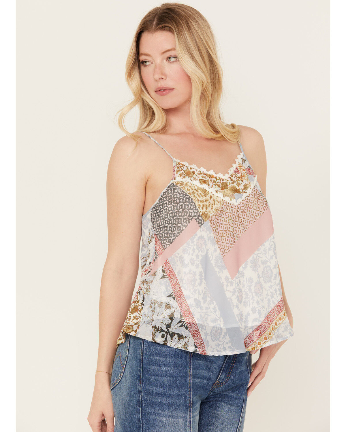 Image #2 - Wild Moss Women's Patchwork Print Crochet Trim Top, Ivory, hi-res