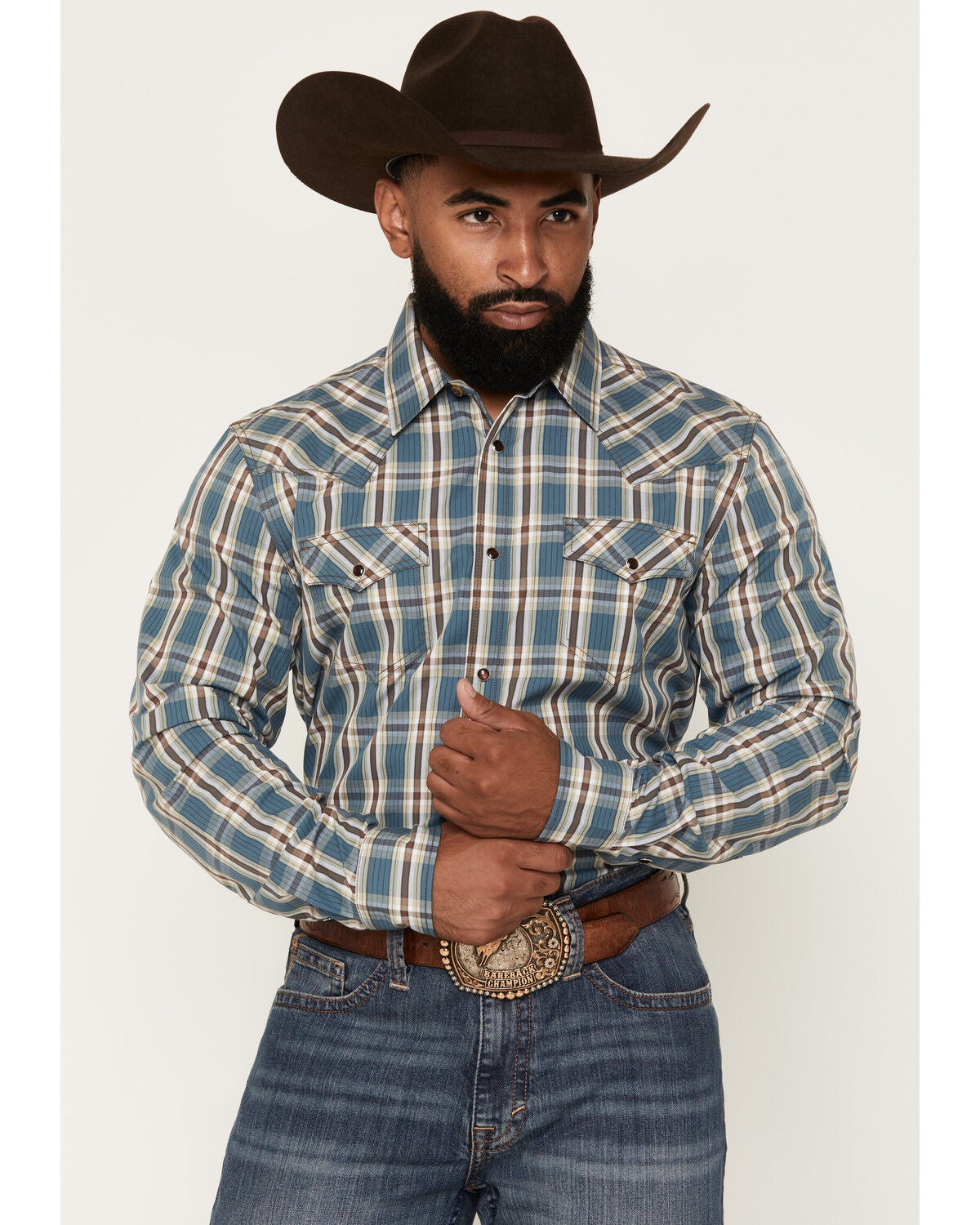 Cody James Men's Niagara Falls Plaid Print Long Sleeve Snap Western Shirt, Blue, hi-res