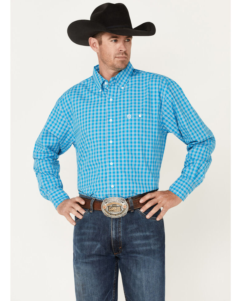 Wrangler Men's George Strait Check Long Sleeve Button-Down Shirt - Big & Tall, Blue, hi-res