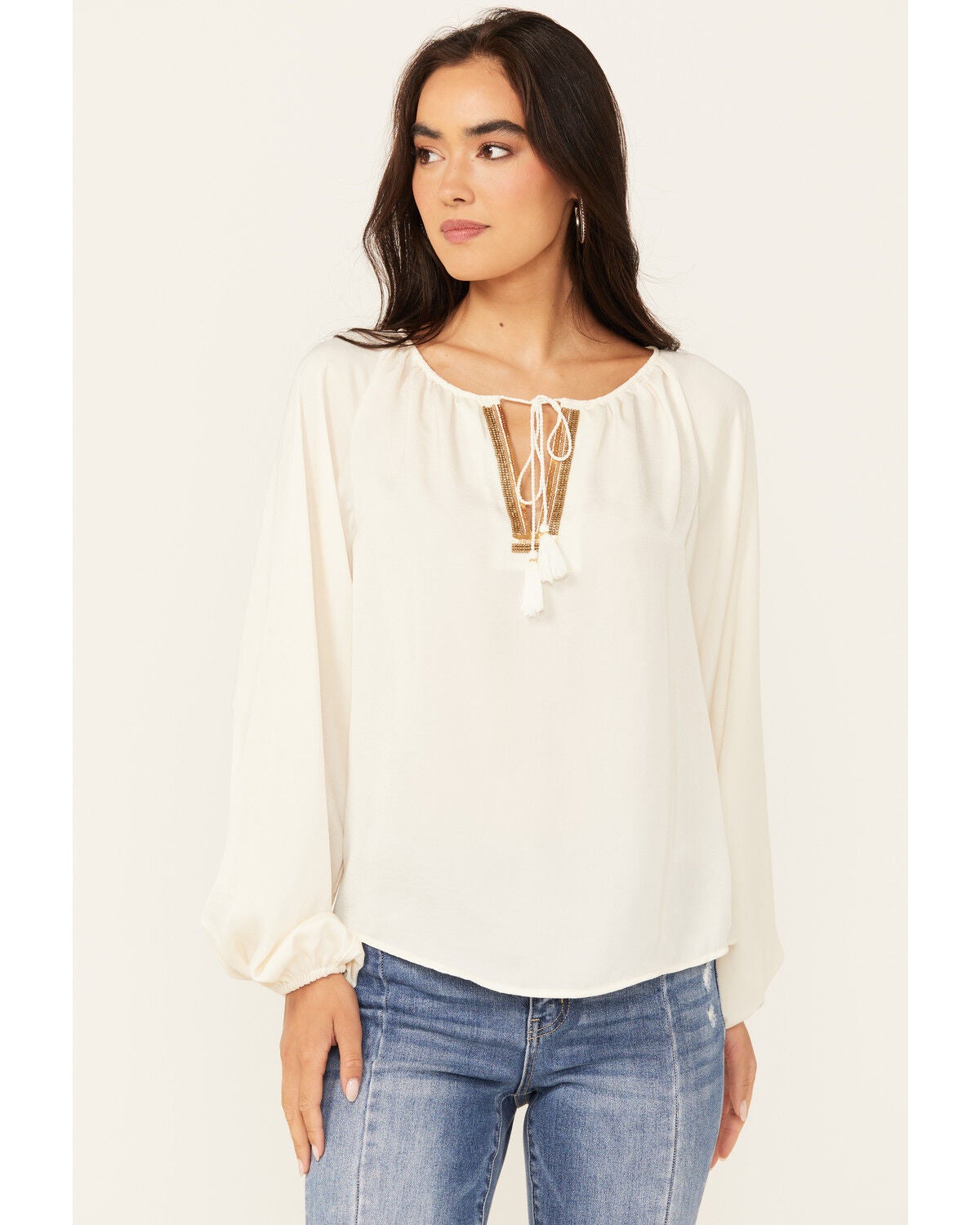 Shyanne Women's Washed Satin Tunic Blouse, Cream, hi-res