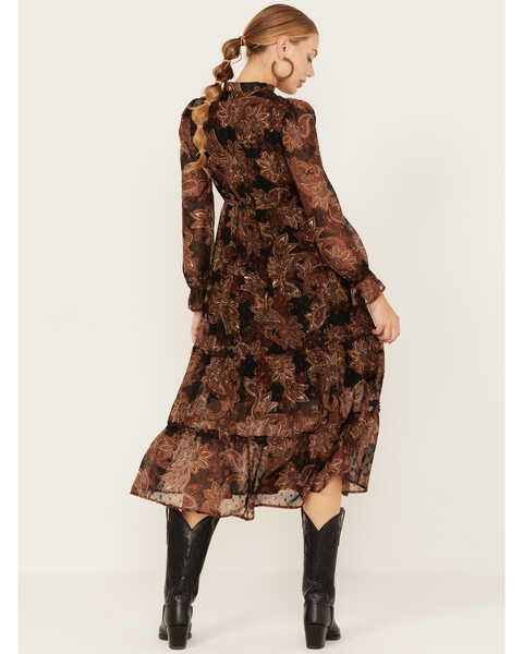 Image #4 - Wild Moss Women's Floral Pais Print Long Sleeve Midi Dress, Dark Brown, hi-res