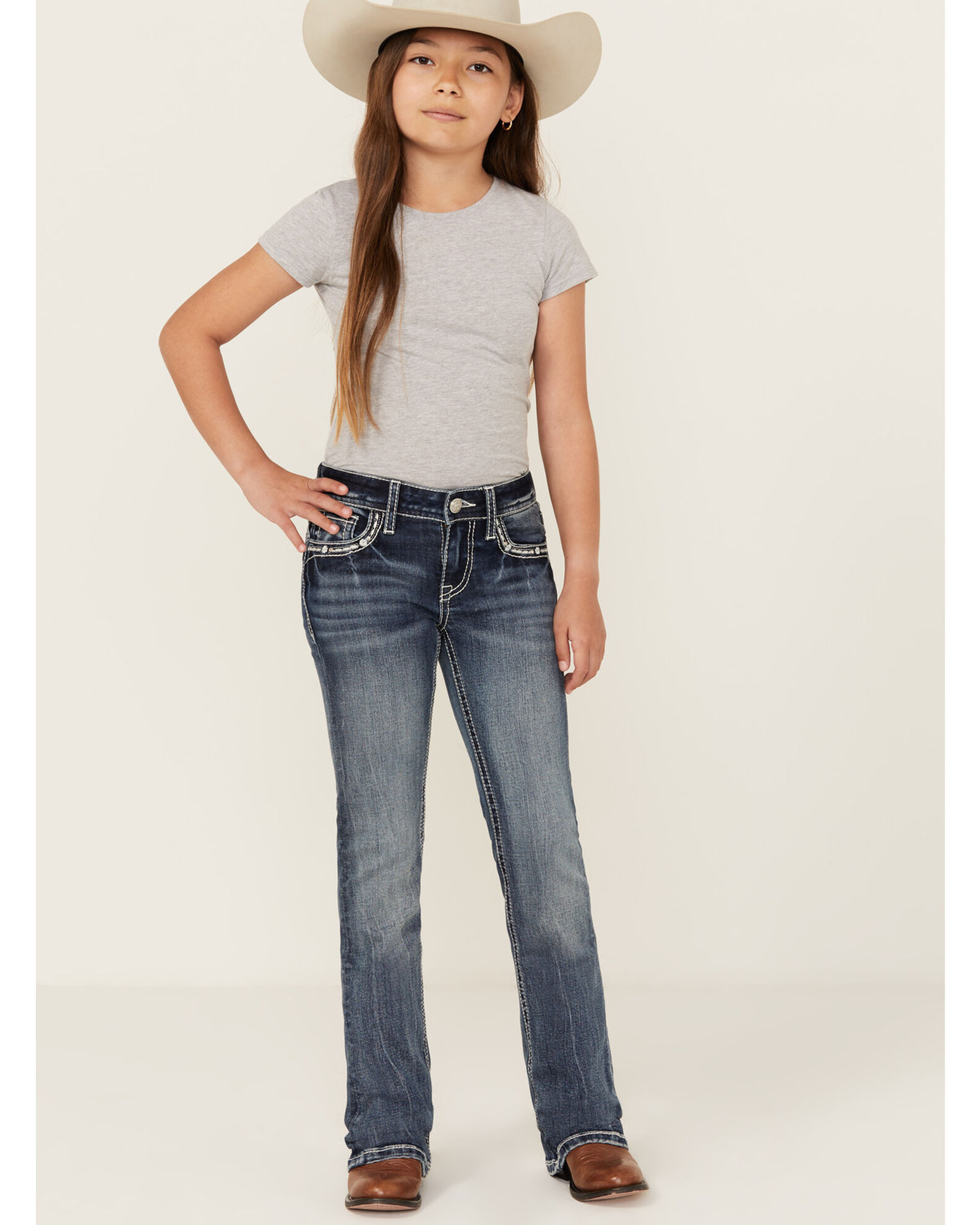 Grace in LA Girls Medium Wash Horseshoe Pocket Bootcut Stretch Denim Jeans Country Outfitter