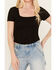 Image #3 - Moa Moa Women's Ribbed Corset Style Short Sleeve Top, Black, hi-res