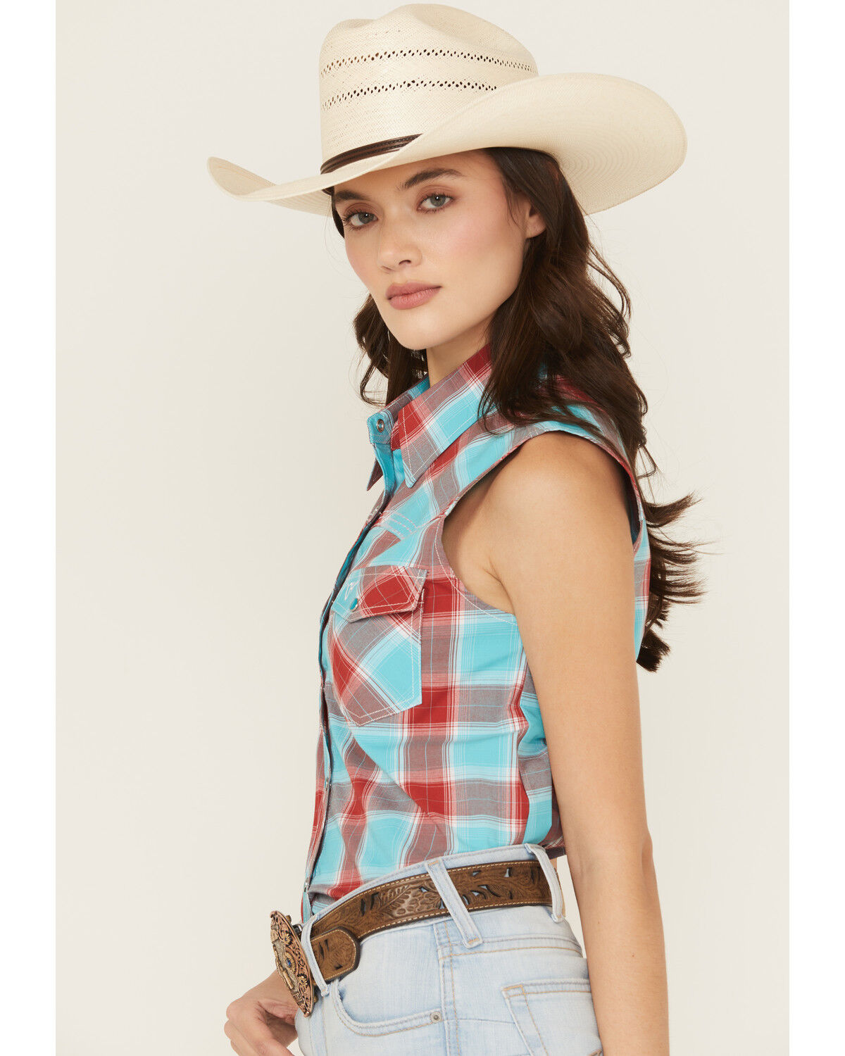 Image #2 - Cowgirl Hardware Women's Plaid Print Sleeveless Snap Stretch Western Shirt, Red, hi-res