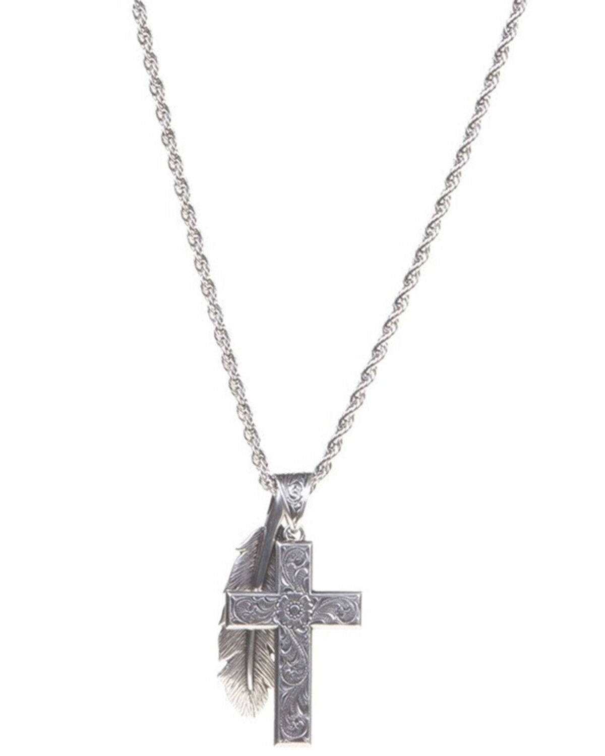 Image #1 - Twister Men's Silver Cross and Feather Pendant Necklace, Silver, hi-res