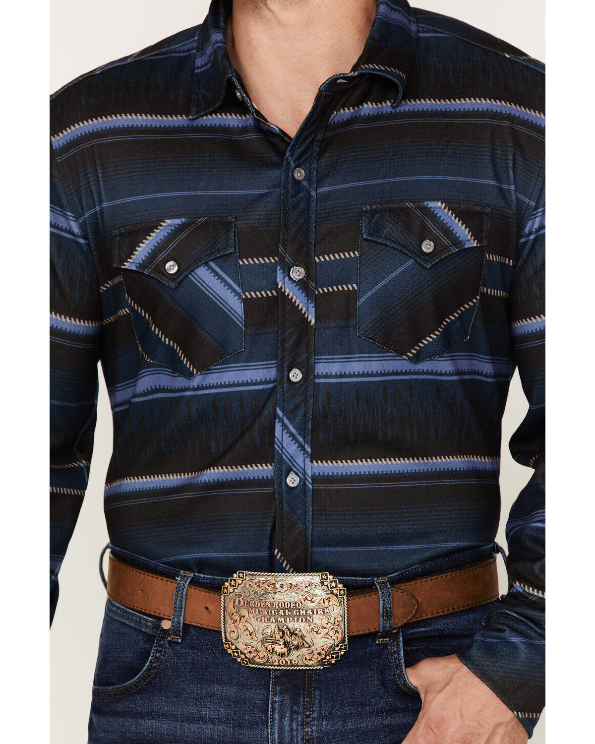 Image #3 - Rock & Roll Denim Men's Serape Knit Stripe Long Sleeve Button Down Shirt, Indigo, hi-res