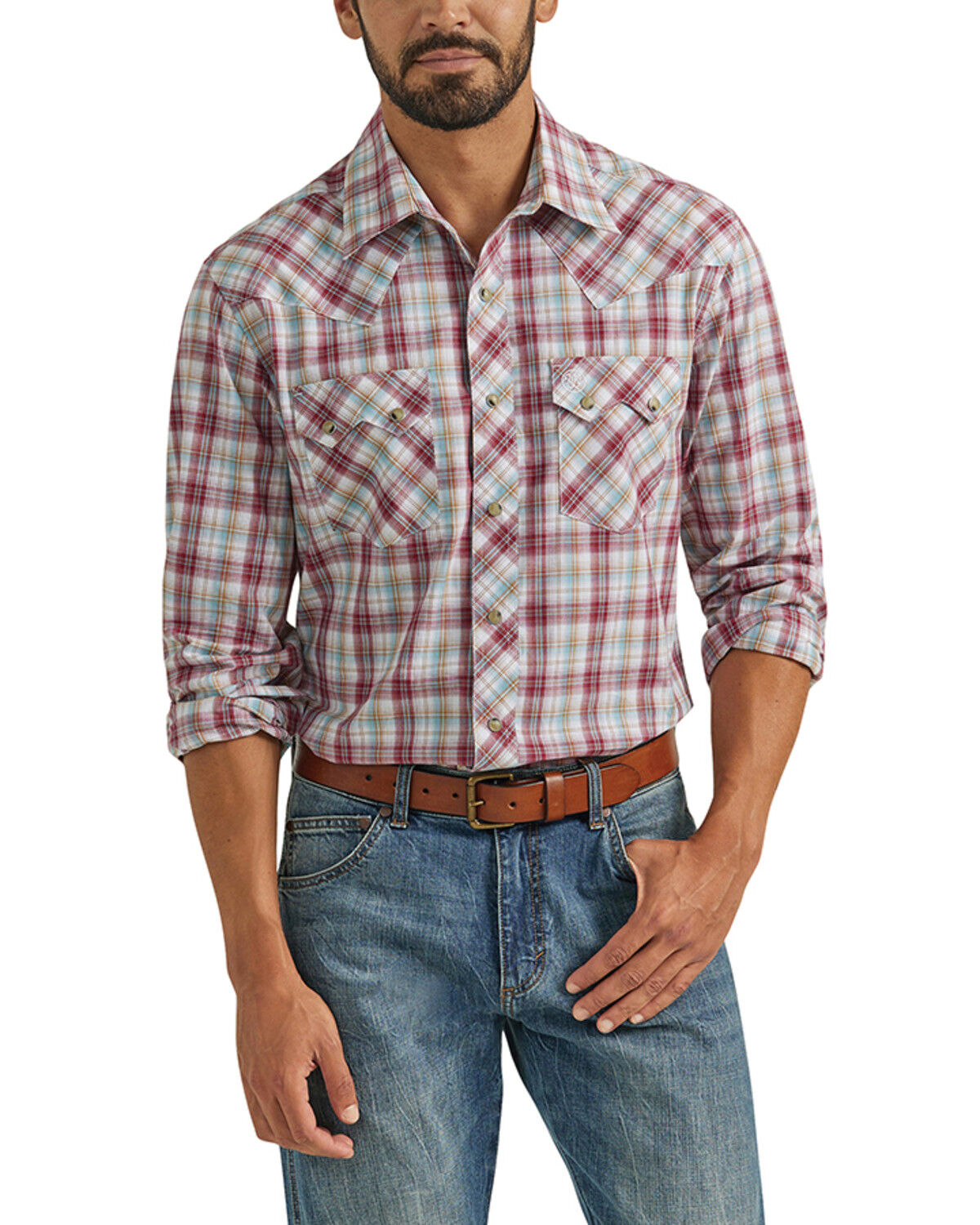 Image #1 - Wrangler Retro Men's Plaid Print Long Sleeve Snap Western Shirt, Red, hi-res