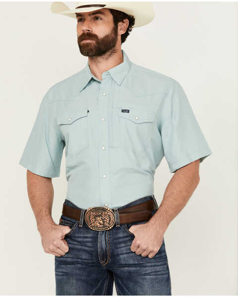 Wrangler Men's Solid Short Sleeve Snap Performance Western Shirt , Mint, hi-res