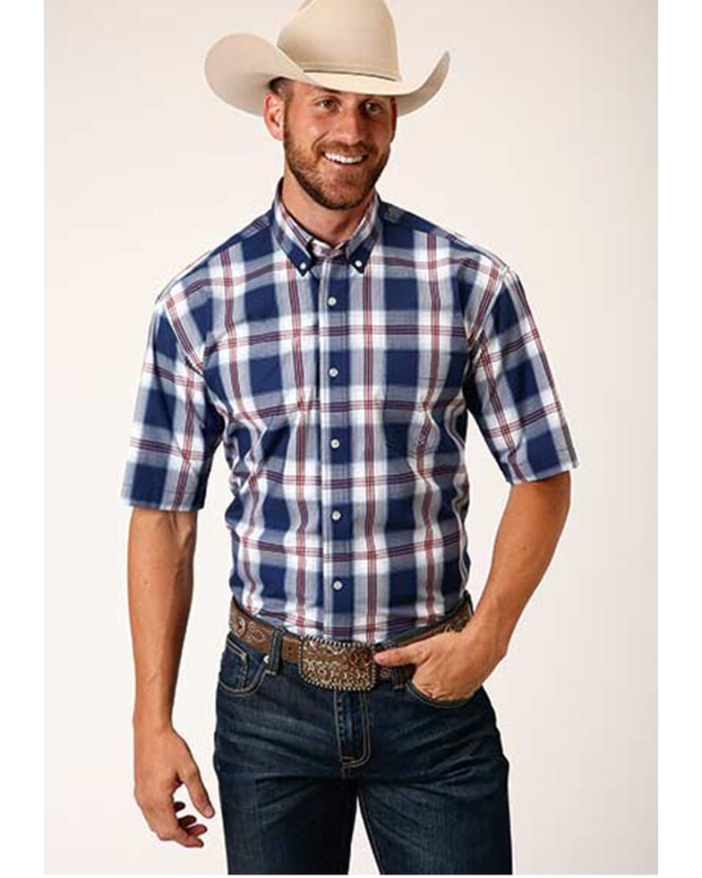 Amarillo Men's Plaid Snap Short Sleeve Western Shirt , Navy, hi-res