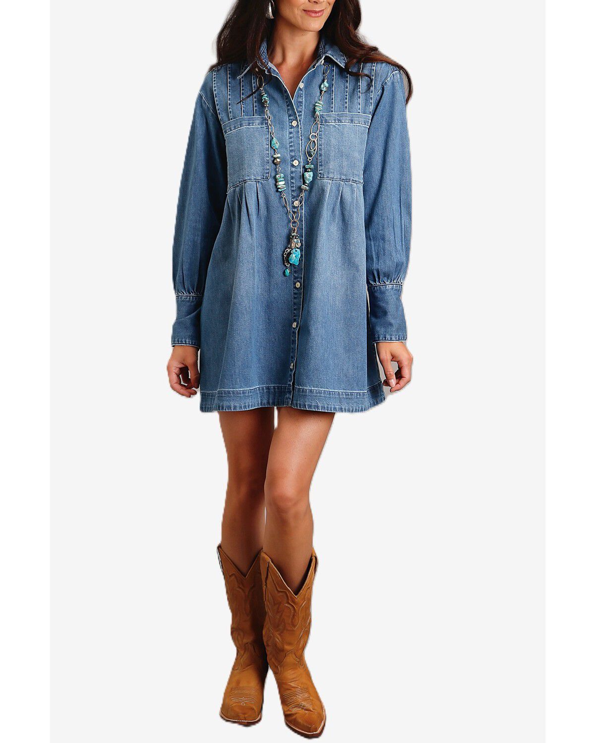 Stetson Women's Dark Wash Denim Long Sleeve Mini Shirt Dress, Dark Wash, hi-res