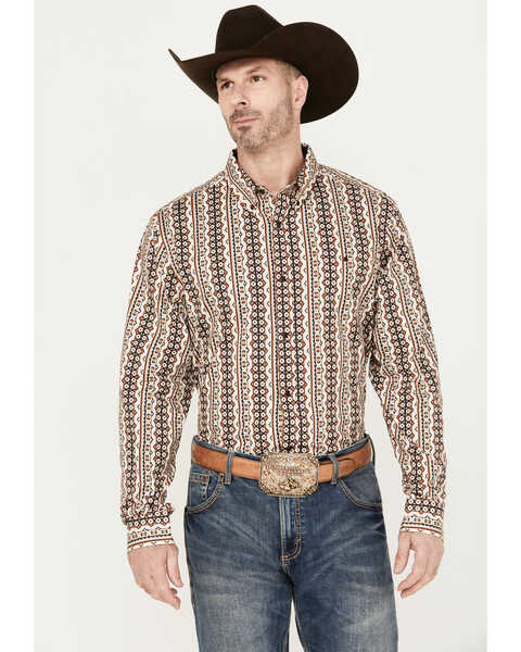 RANK 45® Men's Buckline Striped Long Sleeve Button-Down Western Shirt, Coffee, hi-res