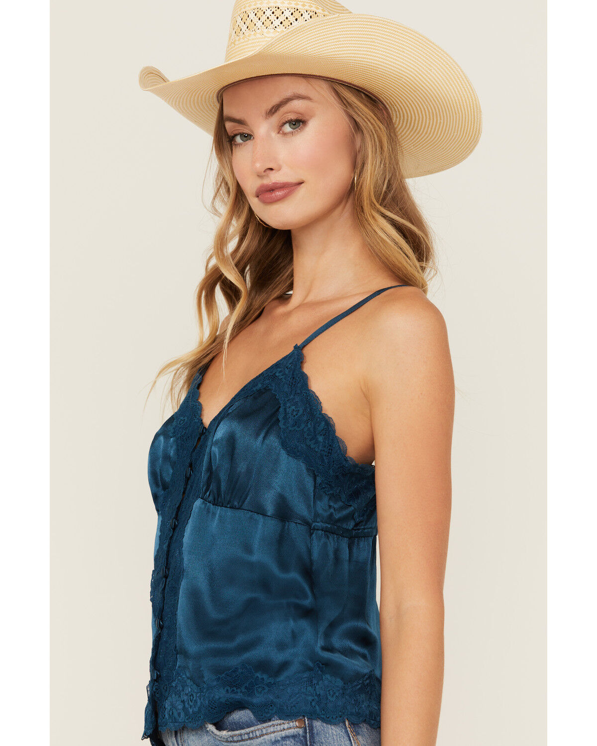 Image #2 - Shyanne Women's Lace Trim Satin Cami, Dark Blue, hi-res