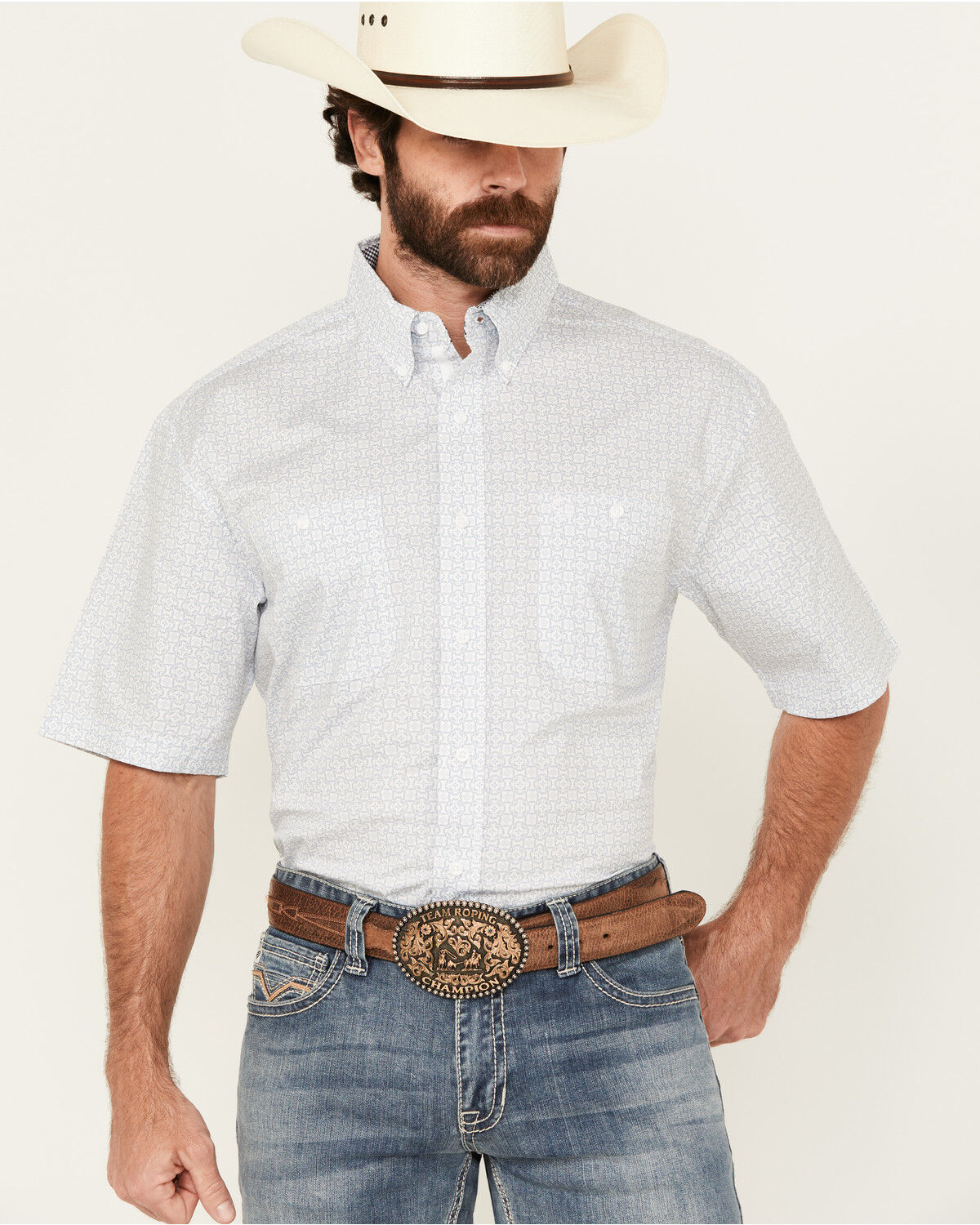 Image #2 - George Strait by Wrangler Men's Geo Print Short Sleeve Button-Down Stretch Western Shirt, White, hi-res