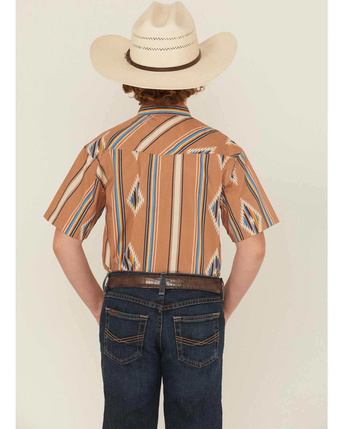 Image #4 - Panhandle Slim Boys' Southwestern Striped Print Short Sleeve Snap Western Shirt, Camel, hi-res