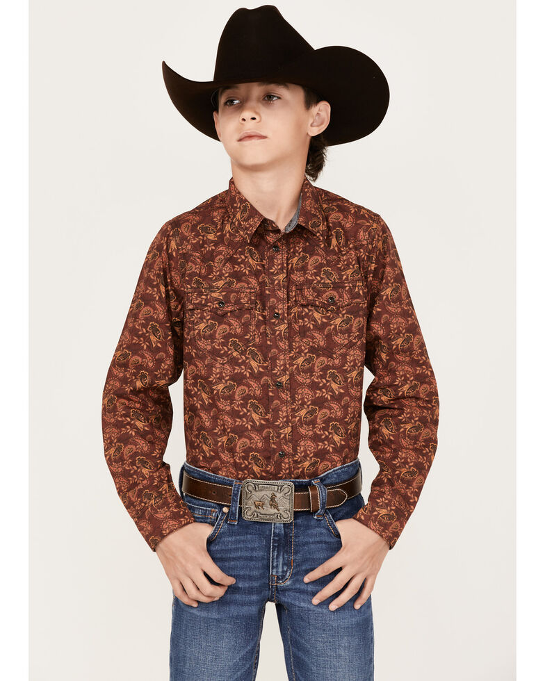 Cody James Boys' Paisley Print Long Sleeve Western Snap Shirt, Burgundy, hi-res
