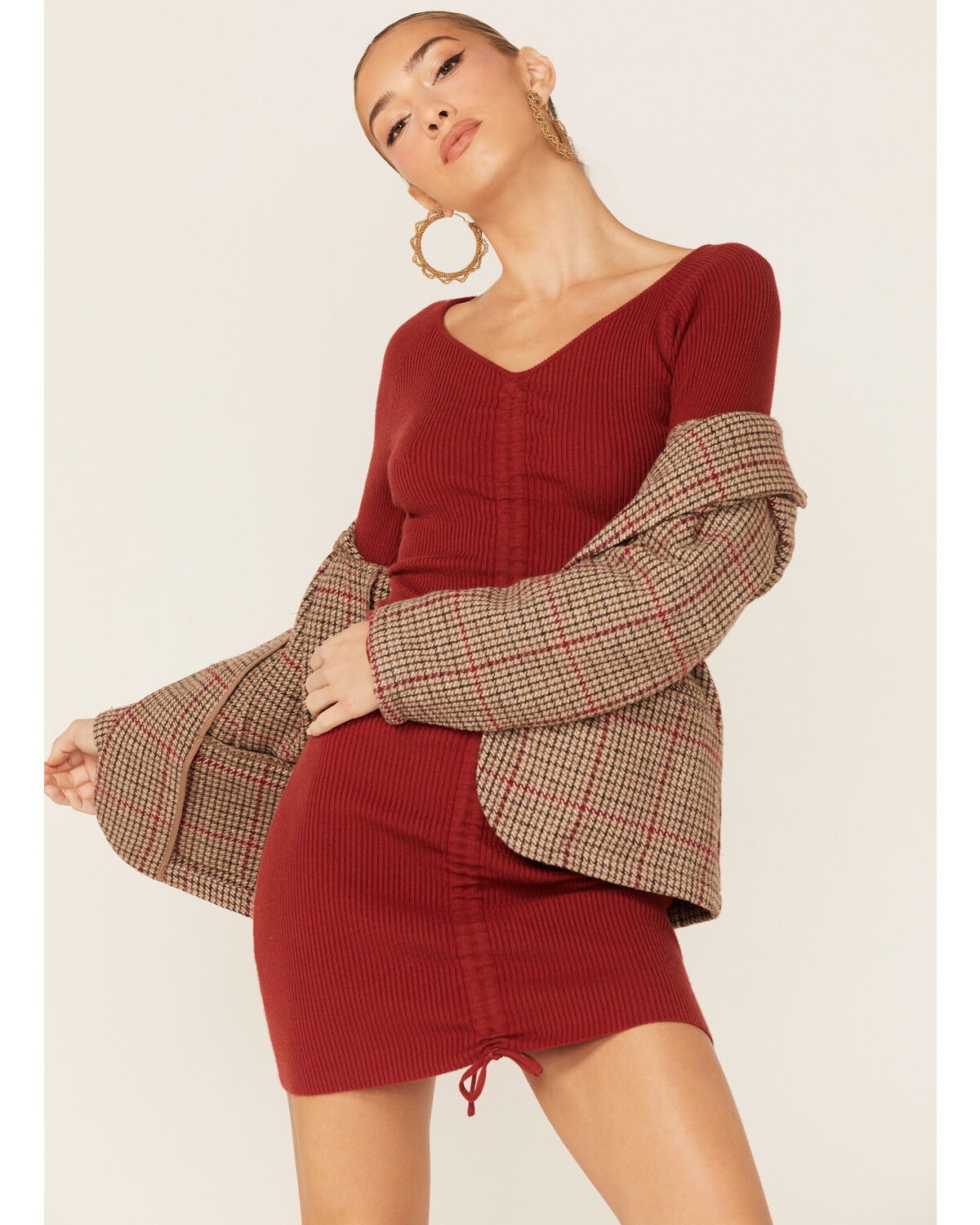 Image #4 - Lush Women's Long Sleeve Drawstring Sweater Mini Dress, Rust Copper, hi-res